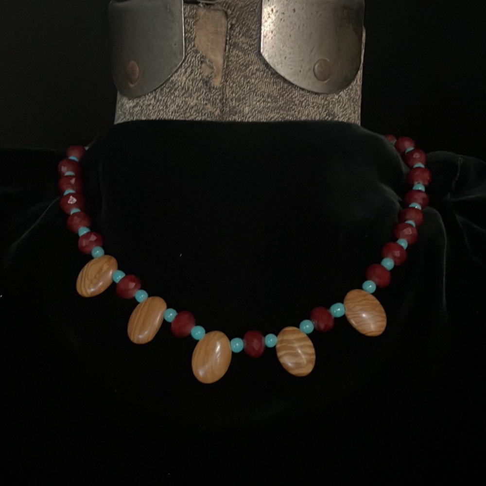 Glass Bead Necklace with Red Cadmium, Turquoise-Blue, and Brown Beads